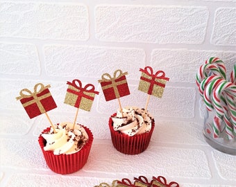 Present Cupcake Toppers, Set of 10, Christmas Party Picks, Festive Toppers, Food Tops, Xmas Party Decorations, Gift Toppers, Glitter Picks