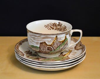 5 pcs Johnson Bros Old Britain Castles Brown Transer, 4) Saucers Rock of Cashel, 1) Tea Cup Holy Cross Abbey+