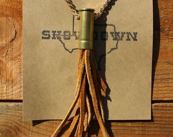 Brown Handcut Leather Tassel Spent Bullet Casing Necklace