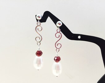 Garnet and Pearl Sterling Silver Dangle Earrings