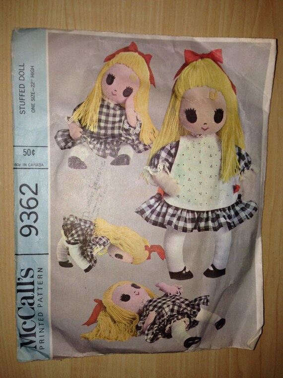 McCalls Sewing Pattern 9362 60s Girl Stuffed Doll, Dress, Panties and Apron 22"