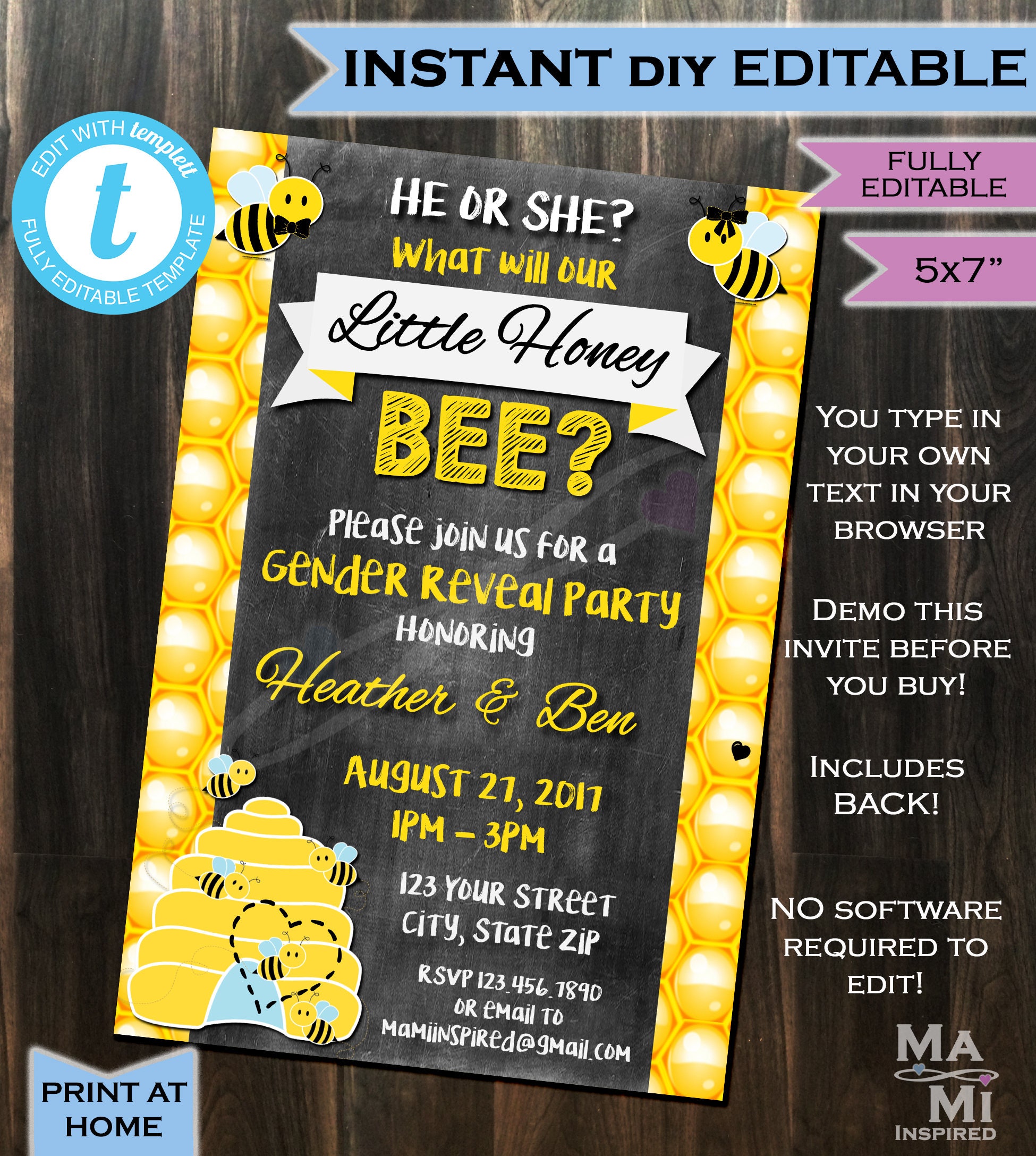 Honey Bee Gender Reveal Invitation Honey Bee Hive Invite