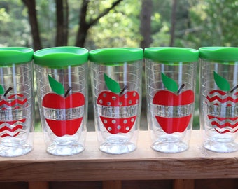 16 oz Double Wall Acrylic Teacher Tumblers//Chevron//Polka Dots//Apples w/ Green Lid