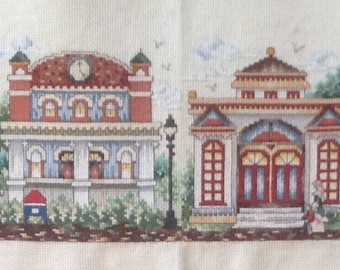 Cross Stitch Finished, 8 Classic Homes, Neighboorhood, Houses, Long Horizontal Display (44")