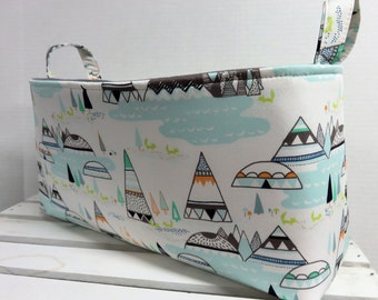Long Diaper Caddy - Fabric Organizer Storage Bin Basket - Indian Summer Woodland Pine - Blue Teepee Lake Trees on Ivory