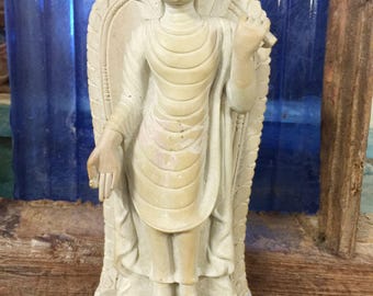 Vintage Handcarved Standing Gandhar Buddha in Varada Mudra Gorara Stone Statue