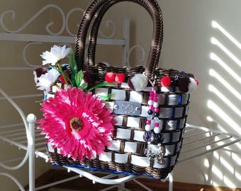 White and brown girls handmade pompom handbag