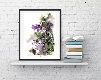 Abstract Botanical Original Watercolor Painting, purple flowers and green leaves painting, abstract realism botanical modern floral painting