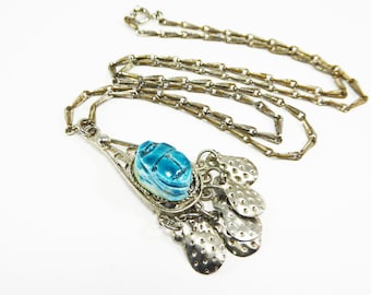 Egyptian Revival Scarab Pendant & Silver Tone Chain Necklace Blue Scarab Beetle Dangling Metal Teardrops Vintage 1960s 1970s BOHO Jewelry