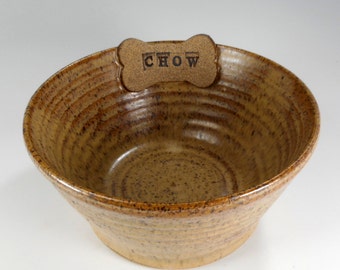Ceramic dog food bowl with bone and CHOW - pottery dog food bowl - stoneware dog food bowl - ceramic pet food bowl - dog bone dog food bowl