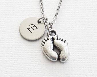 Footprints Necklace, Baby Feet, Birth, New Baby Jewelry, Mother Gift, Mom, Mother-To-Be, Personalized, Monogram, Hand Stamped Letter Initial