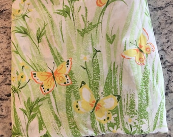 Vintage butterfly floral queen flat sheet//Vintage butterfly fabric