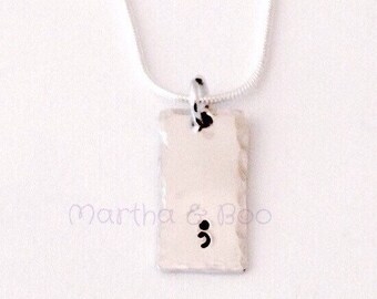 Semicolon necklace, bar necklace, semi colon pendant, punctuation jewelry, hand stamped vertical bar, customised rectangle, gift for her