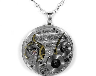 Steampunk Jewelry Necklace Vintage GUILLOCHE WALTHAM Pocket Watch Steam Punk Men Women Wedding Anniversary - Jewelry by Steampunk Boutique