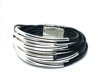 Gift for Her, Leather Bracelet, Boho Bracelet, Leather Jewelry, Boho Jewelry, Silver Tube Beads, Genuine Black Leather, Magnetic Clasp
