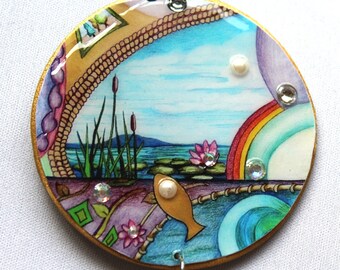 Pretty Fish Pendant/art/drawing/pearls/rainbow/necklace/crushed crystals/rose gold/wood/gold