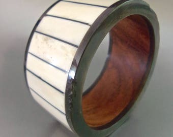 Ox Bone Wood Trim Bangle Bracelet, Inlaid Panels, Boho Vintage