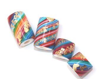 Unique beads for jewelry making, Large hole beads, Polymer Clay round beads, tube beads, set of 4 colorful stripes beads