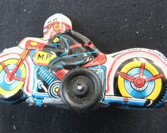 Vintage Toy Motorcycle Friction Tin Lithographed Japanese Friction Toy Motorcycle - Military Police