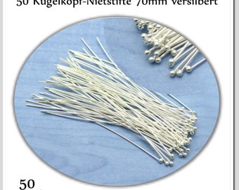 100 ball-head riveting pins 70 mm silver plated