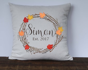 Personalized Fall Pillow Cover, Farmhouse Pillow Cover, Maple Leaf Wreath, Fall Decor, Wedding gift, Housewarming Gift, Hostess Gift