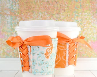 Corset Cup Cozy // Under the Sea Cup Cozy // reversible // adjustable // fabric coffee cozy // reusable coffee cozy // coffee cup cozy