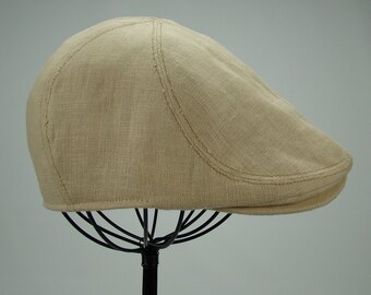 6-Panel Handmade Linen Flat Cap Driving Cap for Men in Wheat - Custom Hats