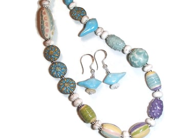 Eclectic Lampwork Glass Bluebird Necklace and Earrings Set Lampwork Beads S45