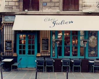 French Kitchen Decor, "Chez Julien", Paris Photography, Kitchen Art Print, Paris Cafe, Blue White French Home Decor, 8x10, 20x24