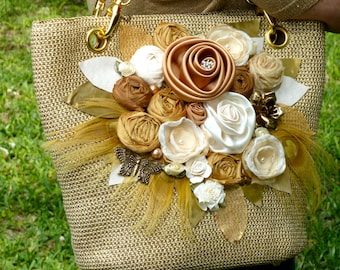 Gold Linen Tote Bag Purse with flowers OOAK