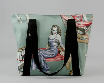 Zombie Zippered Tote Bag, Fabric Shoulder Bag with Pockets, Pin-Up Girls, Canvas Liner, Horror Fan, Zombie Purse Handbag