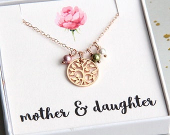 Mother Gift, Family Tree Necklace, Personalized Mother Necklace, Mom Necklace, Personalized Birthstone Necklace, Rose Gold Tree of Life