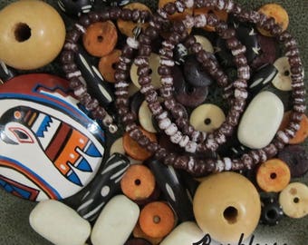 Bead Lot, Tribal Wood, Bone, Wood, Stone, Bead Blend, Bead Assortment, Salvaged Beads