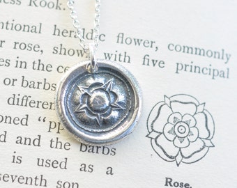 Tudor Rose wax seal necklace pendant ... silver rose necklace - union rose - post medieval wax seal jewelry