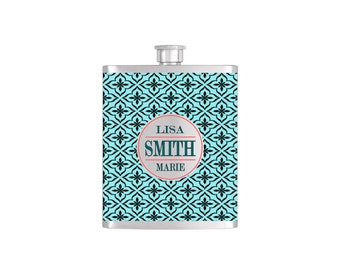 Personalized Light Blue Moroccan Wallpaper Bridesmaid Gift - or Stainless Steel 7oz Liquor Hip Flask - Flask#48