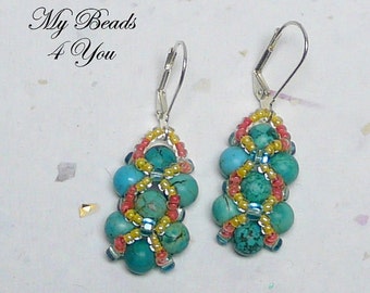 Beaded Earrings - Right Angle Weave - Beadwoven Earrings - Seed Bead Earrings - Drop Earrings - Turquoise Earrings - Beadwork Earrings