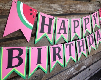 Happy Birthday Watermelon Party Banner - One In A Melon Party, First Birthday, Baby Shower, Birthday Party, Summer Party, Photo Prop