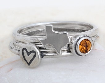 Texas Ring in Sterling Silver, State of Texas Silver Stack Ring Paired with Birthstone, Texas Band Ring by Toozy. Great Graduation Gift!