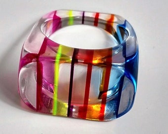 1960s Lucite Rainbow Statement Ring Size 8 Vintage Fun Chunky Ring Perfect for Pride Mod Collectible Plastic Jewelry
