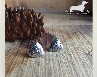Little Love Locket. Silver Heart Post Earrings -- (Vintage-Style, Locket Earrings, Heart Jewelry, Rustic, Gift For Her Under 10, Romantic)