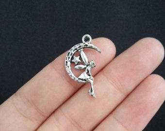 10 Moon and Fairy Charms, Antique Silver Tone Charms