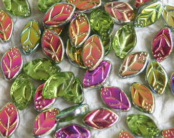 Czech Glass Leaf Beads - Jewelry Making Supply - 12x7mm Glass Leaves - Top Drilled Olivine Vitrail - Choose Amount