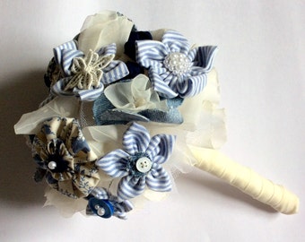 Blue bridal bouquet of fabric flowers, alternative bouquet, Something Blue wedding flowers of upcycled repurposed fabric