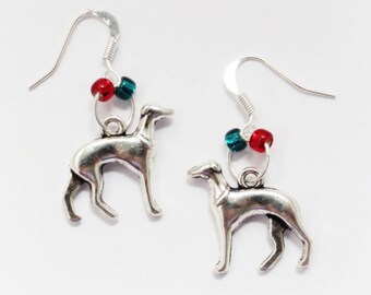 Greyhound Whippet Galgo Wire Earrings with Red and Green Beads