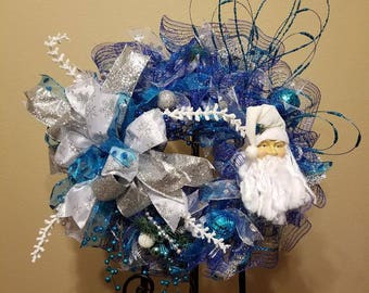 Blue/White Santa Wreath with silver accents