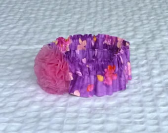 Purple Watercolor Floral Dog Scrunchie Collar - pink rosette - Size M - 14" to 16" neck