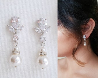 Pearl Drop Wedding Earrings Bridal Earrings Wedding Jewelry Cubic Zirconia Swarovski Pearl Bridesmaid Earrings Crystal Earrings, Nicole