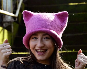 Pink Pussyhat Pussy Cat Hat,Feminist Hat Pink Pussy Hat, Felt Pussycat Hat,Women's Rights Hat,Pink Cat Hat,Women's March Hat MADE TO ORDER