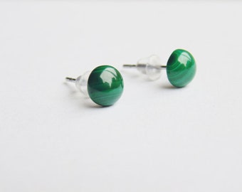 Dark green malachite gemstone small 6mm round stud earrings surgical steel