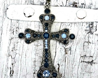 Blue Crystal Cross Pendant, Religious PeNdant, Christian PeNDant, Destash